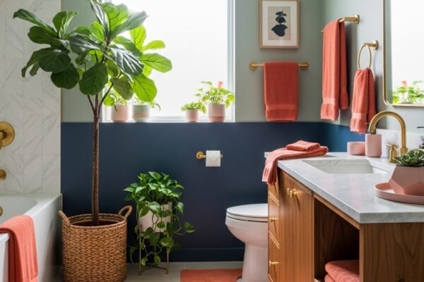 Modern 2026 bathroom with sage green walls, warm wood vanity, gold fixtures, white subway tile and lush green plants in soft natural daylight showcasing trending bathroom color design 20 Trending Bathroom