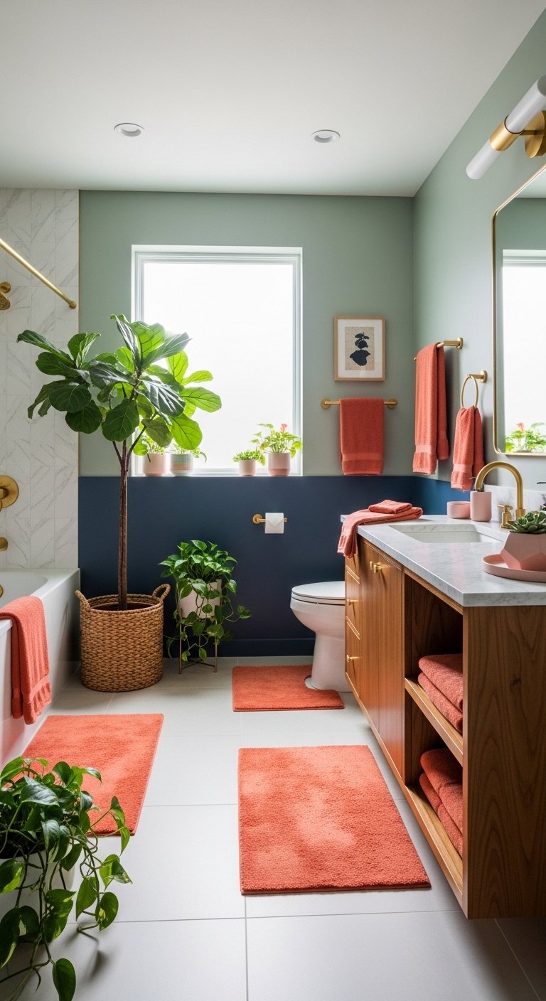 Modern 2026 bathroom with sage green walls, warm wood vanity, gold fixtures, white subway tile and lush green plants in soft natural daylight showcasing trending bathroom color design 20 Trending Bathroom