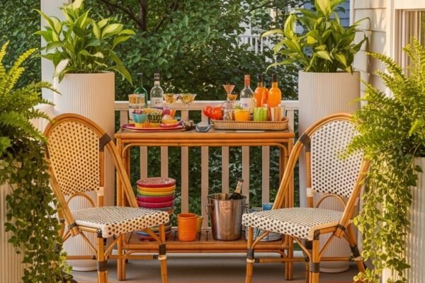 Beautifully decorated small porch transformed into a cozy outdoor sanctuary with bistro chairs, colorful outdoor rug, tall planters, string lights glowing warmly and lush greenery in soft golden evening light
