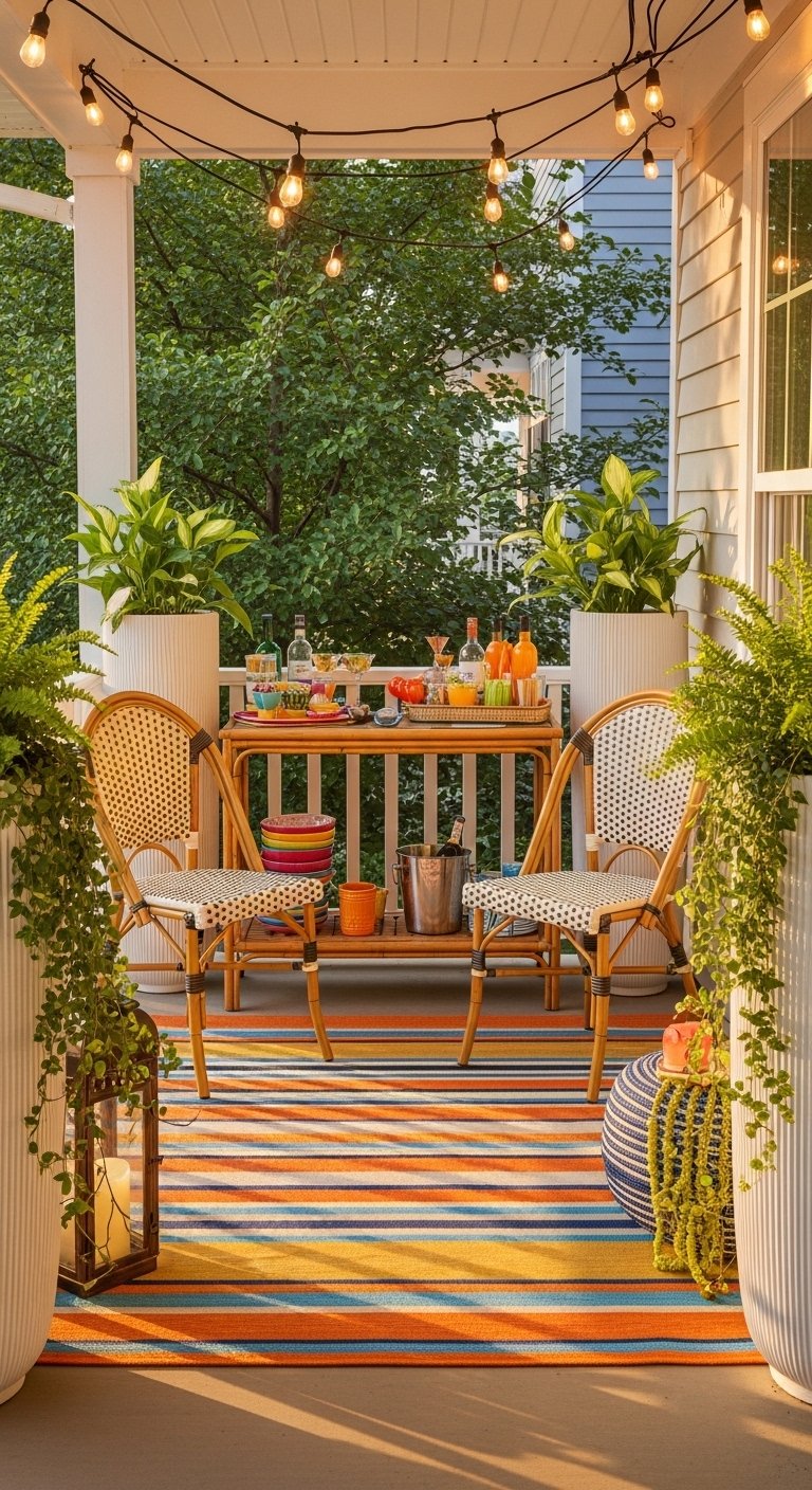Beautifully decorated small porch transformed into a cozy outdoor sanctuary with bistro chairs, colorful outdoor rug, tall planters, string lights glowing warmly and lush greenery in soft golden evening light