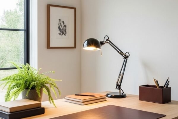 Beautifully decorated productive work desk with a lush small plant, stylish adjustable lamp, leather desk mat, wireless charging station, clean cable management and organized accessories in soft natural window light