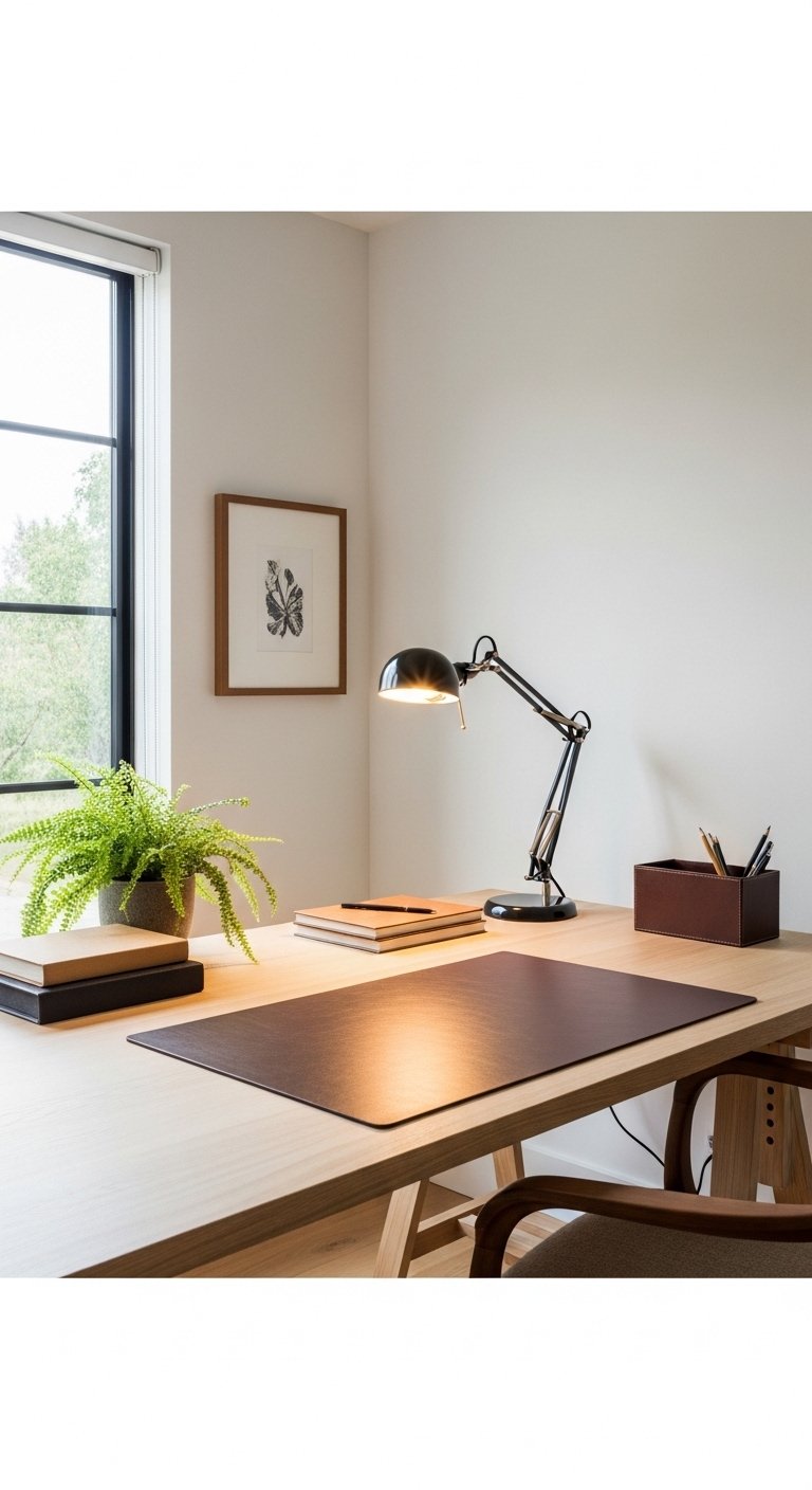 Beautifully decorated productive work desk with a lush small plant, stylish adjustable lamp, leather desk mat, wireless charging station, clean cable management and organized accessories in soft natural window light