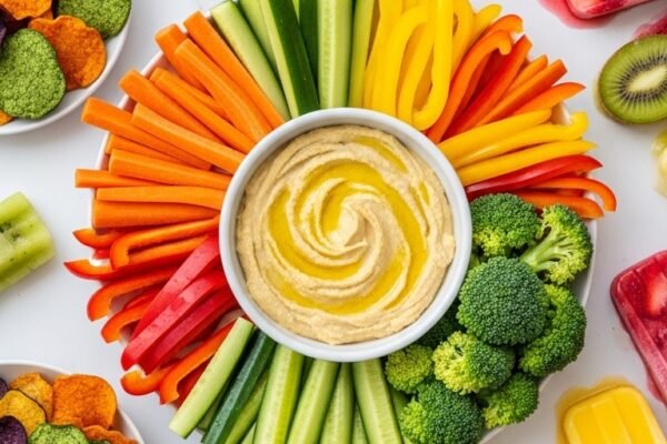 A vibrant overhead spread of colorful healthy summer snacks including veggie chips, berry popsicles, hummus with vegetable dippers, and frozen yogurt bites on a bright white marble surface, your ultimate guide to beating the heat with irresistible healthy summer snacks