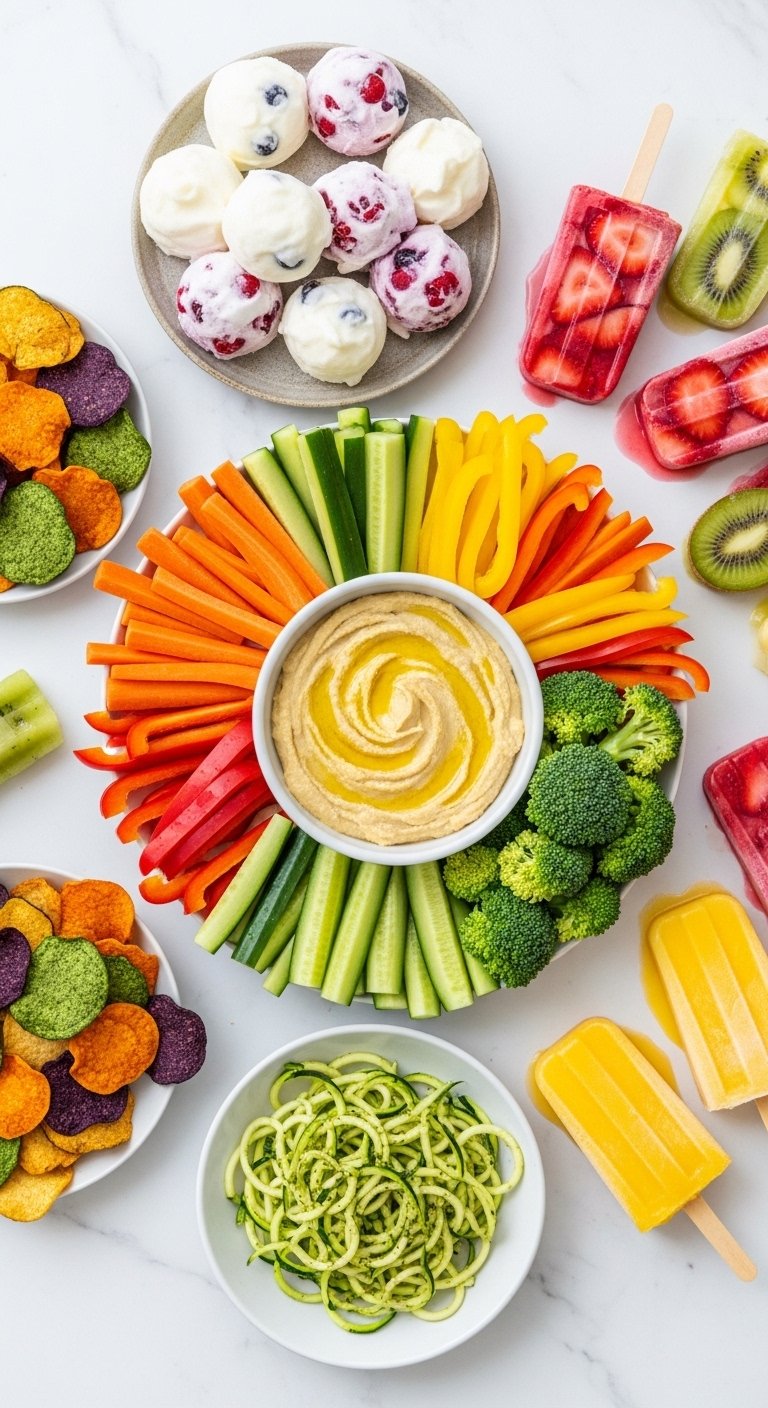 A vibrant overhead spread of colorful healthy summer snacks including veggie chips, berry popsicles, hummus with vegetable dippers, and frozen yogurt bites on a bright white marble surface, your ultimate guide to beating the heat with irresistible healthy summer snacks