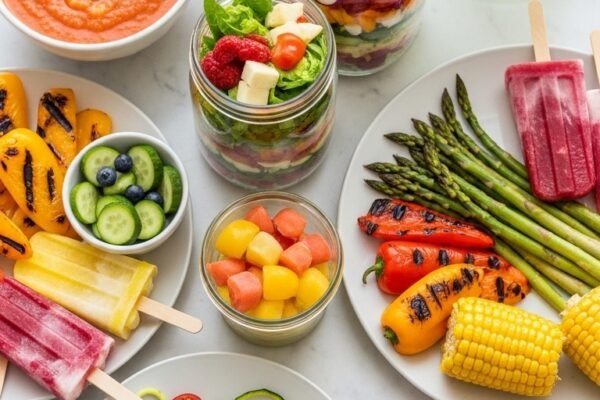 A vibrant overhead spread of colorful summer foods including chilled gazpacho, mason jar salads, zucchini noodles, grilled vegetables, and fresh fruit popsicles on a bright white marble surface, your ultimate guide to staying cool energized and absolutely satisfied all summer long