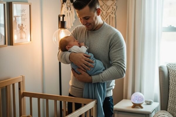 A beautifully designed baby boy nursery room featuring a dark moody navy accent wall, white wooden crib with neutral bedding, warm Edison bulb lighting, wooden shelves with curated decor, and a plush area rug, your ultimate step-by-step guide to 12 baby boy nursery room ideas for the perfect gentlemen's den