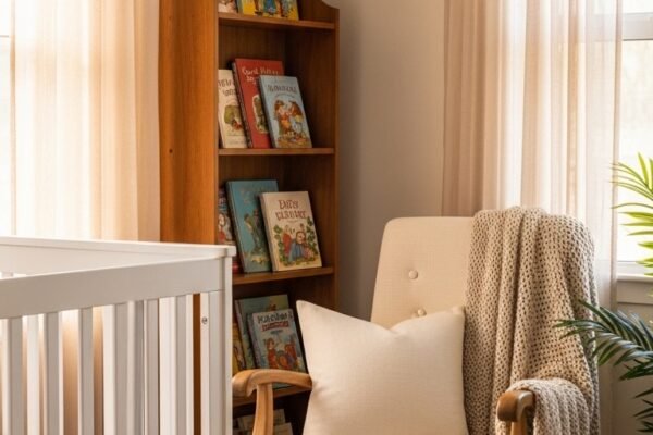 A stunning overhead shot of a beautifully curated timeless nursery book collection arranged on a soft cream linen surface, eleven classic hardcover children's books with beautiful illustrated spines displayed in a gentle fan arrangement, surrounded by a small wooden toy, a hand-knitted baby blanket, dried lavender sprigs, and soft natural window light, ultra-realistic professional lifestyle photography, warm ivory and sage green color palette, shallow depth of field, heirloom nursery collection aesthetic  