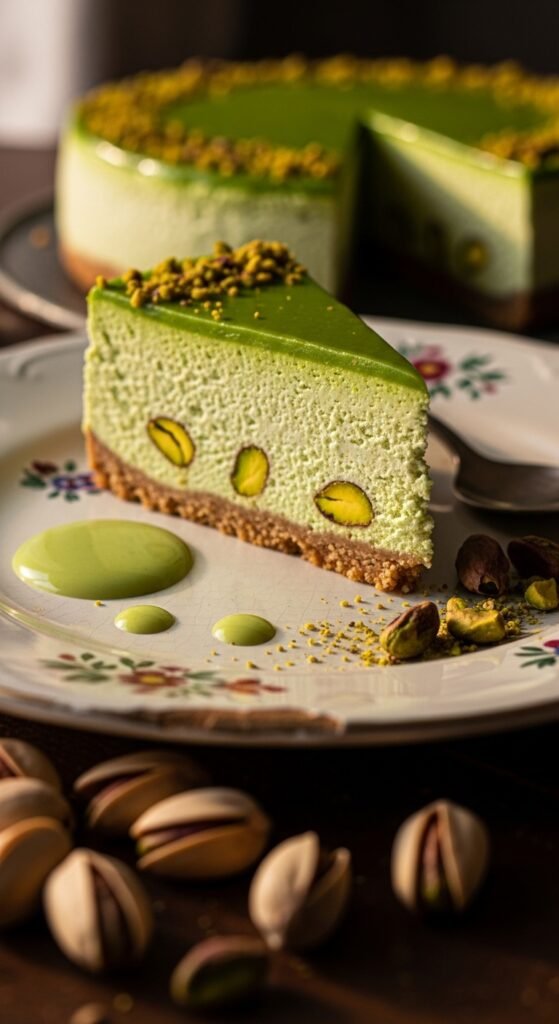 A warm inviting close-up of a freshly cut pistachio cheesecake slice on a vintage ceramic plate, surrounded by scattered whole pistachios and a light green pistachio sauce, soft golden hour light, editorial food photography style, slightly moody atmosphere, nutty and indulgent aesthetic, textures of creamy filling clearly visible
A nostalgic flat lay composition showing the origin story of pistachio cheesecake, antique handwritten recipe cards, a classic cheesecake slice on an old ceramic dish, raw pistachios in a small burlap pouch, dried rose petals, and a vintage wooden spoon, muted warm earthy tones, soft diffused window light, heritage and history food aesthetic
A stunning cross-section view of a perfect pistachio cheesecake slice on white marble, clearly showing all three layers including the golden buttery crust, thick luscious pistachio filling, and smooth whipped topping crowned with chopped pistachios, bright clean studio lighting, macro food photography, ultra-sharp detail, vibrant green and cream palette
A close-up macro shot of a golden buttery graham cracker crust being firmly pressed into a springform pan, crumbs visible in beautiful texture detail, warm kitchen lighting, realistic food photography, rustic wooden surface underneath, soft shadows, baking preparation mood
A close-up of a silky smooth pistachio cheesecake filling being poured into a crust-lined pan, rich green cream cheese mixture swirling beautifully, glossy and thick texture, soft studio lighting, ultra-realistic food photography, appetizing green and ivory tones, shallow depth of field
A beautifully finished pistachio cheesecake top view showing a smooth whipped cream topping decorated with whole roasted pistachios, a light green pistachio glaze drizzle, and edible flowers, clean white marble surface, bright natural light, elegant and professional food styling, vibrant and fresh color palette
A pistachio cheesecake inside a slightly open oven door baking at low temperature, warm golden oven light glowing softly around it, steam gently rising, cozy home kitchen atmosphere, realistic lifestyle photography, rustic wooden kitchen background, warm amber tones, patience and craft mood
A top-down flat lay of all pistachio cheesecake ingredients neatly arranged on a light linen cloth including cream cheese blocks, pistachio paste bowl, whole eggs, butter, sugar, crushed graham crackers, and fresh pistachios, soft natural window light, clean minimal food styling, warm pastel tones, organized and inviting composition
A neatly arranged kitchen equipment flat lay including a springform pan, hand mixer, rubber spatula, mixing bowls, measuring cups, kitchen scale, and a whisk placed on a clean white marble countertop, bright overhead lighting, minimal and organized styling, professional kitchen prep aesthetic
A realistic kitchen scene showing hands greasing a springform pan with butter and laying parchment paper inside, oven visible in the background with the temperature dial being turned, warm natural kitchen lighting, lifestyle food photography, cozy home baking atmosphere, clean and detailed
A close-up of hands pressing crushed graham crackers mixed with melted butter firmly into the bottom of a springform pan, a small bowl of pistachio crumbs beside it, warm kitchen light, realistic food preparation photography, rustic wooden surface, textured and detailed macro shot
A mixing bowl filled with lush green pistachio cream cheese filling being blended with a hand mixer, smooth and creamy consistency, ingredients like cream cheese blocks and pistachio paste visible nearby on the counter, bright kitchen lighting, realistic food photography, clean and appetizing aesthetic
A home baker carefully pouring the smooth green pistachio cheesecake filling over the pressed crust in the springform pan, then sliding it into a preheated oven, step-by-step baking mood, warm kitchen atmosphere, natural light, realistic lifestyle photography, cozy and satisfying food preparation scene
A freshly baked pistachio cheesecake resting on a wire cooling rack on a kitchen counter, oven mitts placed beside it, a cracked top slightly visible showing its rustic homemade charm, warm golden afternoon light coming through a window, cozy kitchen atmosphere, realistic lifestyle food photography
A finished pistachio cheesecake being elegantly topped with smooth whipped cream piped in rosettes, crushed pistachios sprinkled on top, and a glossy green pistachio drizzle being poured from a small spoon, white marble surface, soft studio lighting, ultra-realistic close-up food photography, satisfying and beautiful finishing moment
A flat lay showing common cheesecake baking mistakes including a cracked cheesecake, an overbaked golden top, a sunken center, and a soggy crust, placed side by side on a wooden surface with small handwritten labels, soft natural light, educational food photography style, warm tones, realistic and relatable kitchen scenario
A no-bake pistachio cheesecake served in elegant glass dessert cups showing distinct creamy green cheesecake layers topped with whole roasted pistachios and white chocolate curls, placed on a light marble surface with a linen napkin, soft diffused pastel lighting, fresh modern food photography, clean and minimal aesthetic
A premium whole pistachio cheesecake from an upscale bakery beautifully placed inside a branded white gift box tied with a satin green ribbon, one perfect slice resting beside it on fine porcelain, soft elegant background with warm bokeh lights, high-end product photography style, luxurious and giftable presentation
A side-by-side comparison scene of a perfectly consistent bakery pistachio cheesecake slice next to a homemade one with slight imperfections, both on white plates on a marble surface, bright clean lighting, realistic food photography, minimal styling, honest and relatable food comparison aesthetic
A busy modern professional sitting at a sleek office desk glancing at a beautifully packaged pistachio cheesecake box delivered to their doorstep, warm indoor lighting, lifestyle photography style, shallow depth of field, time-saving and convenient mood, soft neutral tones
A flat lay of expensive pistachio cheesecake specialty ingredients including imported pistachio paste jar, premium cream cheese, saffron threads, and raw pistachios with visible price tags, arranged on a white marble surface, clean minimal styling, soft natural light, realistic and relatable food cost awareness aesthetic
A clean and spotless kitchen counter with only a delivered pistachio cheesecake box sitting on it, no dirty dishes or baking mess visible, bright airy kitchen atmosphere, natural light, minimal and satisfying lifestyle photography, green and white color tones, effortless and clean mood
A premium pistachio cheesecake beautifully wrapped in a decorative gift box with a ribbon, placed on a festive table with soft candles and flowers around it, warm golden bokeh background, elegant gifting photography style, luxurious and heartwarming presentation, shallow depth of field
A charming artisan bakery display case showing multiple whole pistachio cheesecakes on tiered stands with elegant labels, warm interior bakery lighting, soft bokeh background showing bakery shelves, realistic commercial food photography, inviting and professional atmosphere, green and cream color palette
A fine dining restaurant plate with a perfectly portioned pistachio cheesecake slice garnished with edible flowers, pistachio praline crumble, a light honey drizzle, and a sprig of fresh mint, served next to a small espresso cup, moody dramatic side lighting, shallow depth of field, upscale elegant plating
A pistachio cheesecake slice being removed from the refrigerator and placed on a white plate to come to room temperature, soft cool kitchen lighting, realistic lifestyle photography, clean minimal background, satisfying and simple food preparation moment, green and ivory tones
A perfect pistachio cheesecake slice being cleanly cut with a hot knife wiped between each cut, showing razor-sharp clean layers of crust and filling, white marble surface, bright overhead studio lighting, ultra-realistic macro food photography, ultra-clean and satisfying slicing aesthetic
A beautifully styled dessert table showing pistachio cheesecake slices paired with a cup of cardamom tea, a glass of dessert wine, and fresh berries, soft warm candlelight, elegant lifestyle food photography, shallow depth of field, warm golden tones, sophisticated and indulgent pairing scene
A pistachio cheesecake covered with plastic wrap being placed inside a refrigerator on a clean shelf, a small handwritten date label visible, soft cool interior fridge lighting, realistic lifestyle photography, clean and minimal aesthetic, practical and relatable food storage moment
A bright health-focused flat lay featuring a bowl of raw pistachios, a small bottle of pistachio oil, pistachio flour in a wooden spoon, fresh green leaves, and a light airy cheesecake slice, top-down composition on a clean white background, fresh natural food photography aesthetic, minimal styling, green and white tones
A cozy emotional storytelling scene of a family gathered around a warm dining table with a whole pistachio cheesecake as the glowing centerpiece, soft candlelight, hands reaching in joyfully to take a slice, warm golden tones, lifestyle photography style, shallow depth of field, heartwarming and nostalgic mood, action and celebration energy