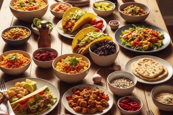 A flat lay of 15 easy meal ideas including pasta, tacos, stir-fry, and soup arranged on a rustic wooden table with warm natural lighting.