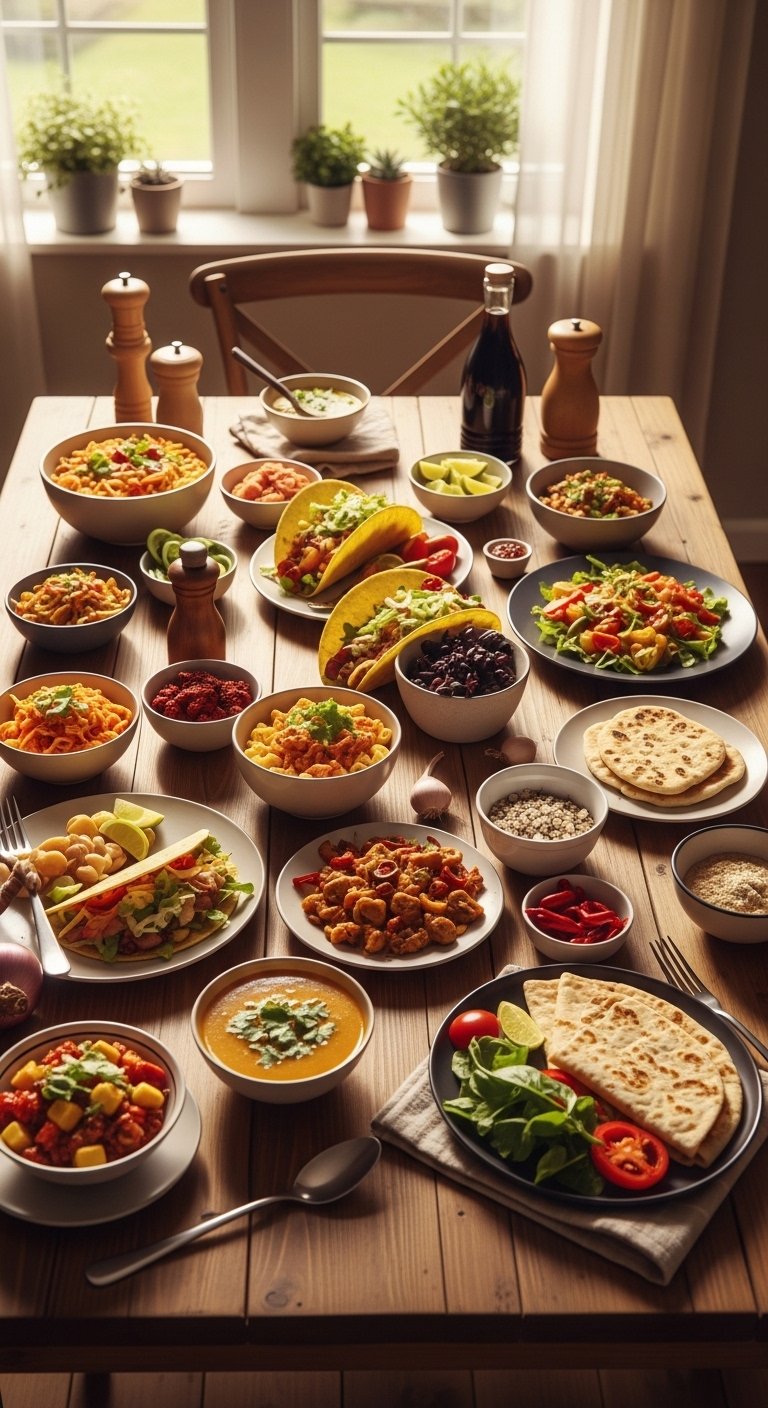 A flat lay of 15 easy meal ideas including pasta, tacos, stir-fry, and soup arranged on a rustic wooden table with warm natural lighting.