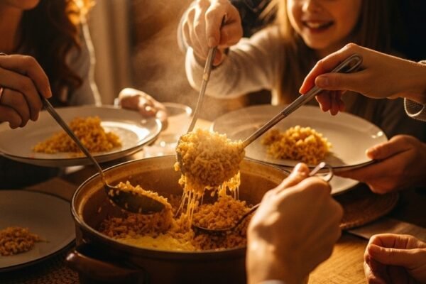 Large white ceramic bowl of creamy cheesy rice with thick golden melted cheddar cheese pulled apart by a wooden spoon with steam rising and fresh chives on top on a rustic wooden table in warm natural light