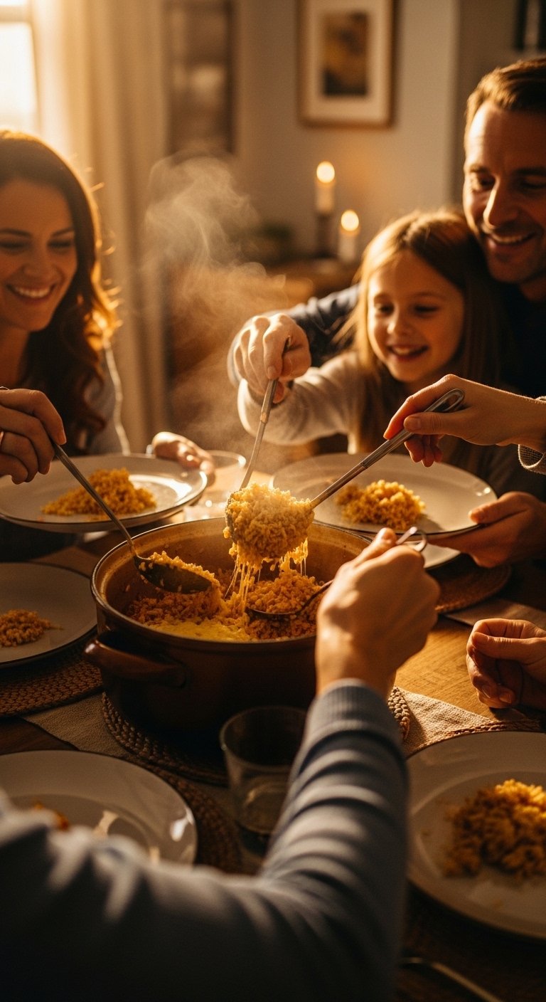 Large white ceramic bowl of creamy cheesy rice with thick golden melted cheddar cheese pulled apart by a wooden spoon with steam rising and fresh chives on top on a rustic wooden table in warm natural light