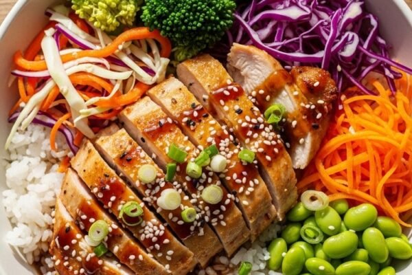 A top-down view of a homemade chicken rice bowl recipe with grilled chicken, steamed rice, colorful vegetables, and savory sauce.