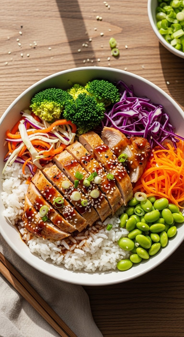 A top-down view of a homemade chicken rice bowl recipe with grilled chicken, steamed rice, colorful vegetables, and savory sauce.
