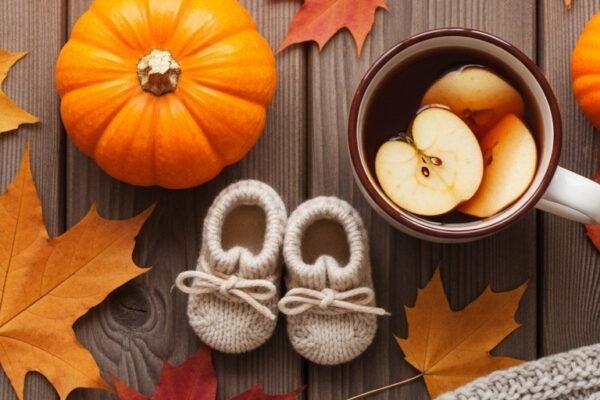 A beautifully styled fall baby shower table spread featuring pumpkin centerpieces, leaf garlands, warm amber florals, a tiered autumn-themed cake, caramel apple bar, and apple cider drinks on a linen-covered table, your ultimate guide to 23 unforgettable fall baby shower ideas