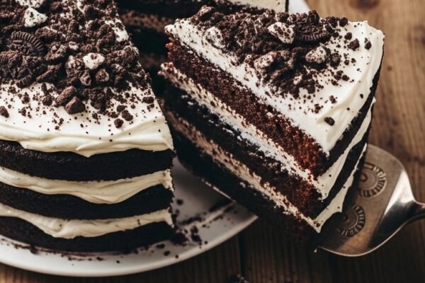 A beautifully decorated three-layer Oreo cake recipe with creamy white Oreo frosting, crushed cookie crumbs on the sides, and whole Oreo cookies on top, with a slice cut to reveal rich moist chocolate cake layers inside, placed on a dark slate cake stand in a warm rustic kitchen setting.