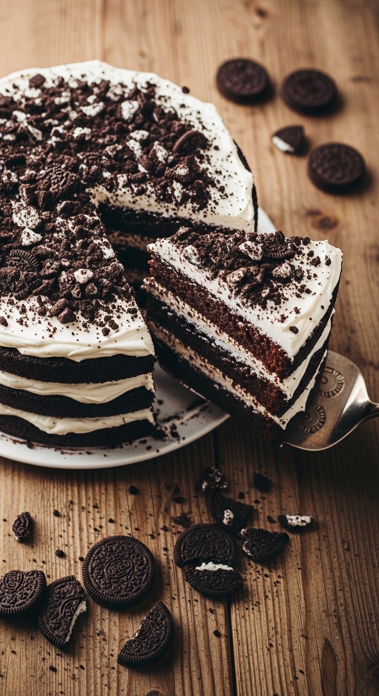 A beautifully decorated three-layer Oreo cake recipe with creamy white Oreo frosting, crushed cookie crumbs on the sides, and whole Oreo cookies on top, with a slice cut to reveal rich moist chocolate cake layers inside, placed on a dark slate cake stand in a warm rustic kitchen setting.