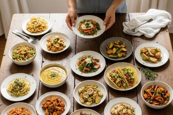 Overhead flat-lay of a rustic wooden dinner table with 20 small dishes representing easy dinner recipes including pasta, salad, tacos, stir-fry, curry, roasted vegetables, grain bowl, fish, and chicken. A relaxed cook places one dish on the table with fresh herbs scattered around and a small note reading '20 Recipes'. Warm natural lighting, cozy stress-free kitchen scene.
