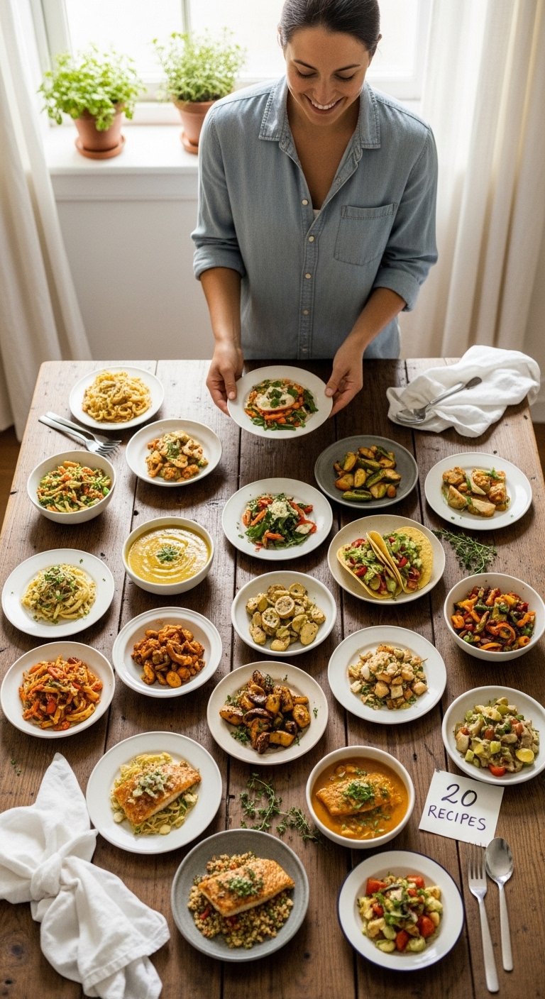 Overhead flat-lay of a rustic wooden dinner table with 20 small dishes representing easy dinner recipes including pasta, salad, tacos, stir-fry, curry, roasted vegetables, grain bowl, fish, and chicken. A relaxed cook places one dish on the table with fresh herbs scattered around and a small note reading '20 Recipes'. Warm natural lighting, cozy stress-free kitchen scene.