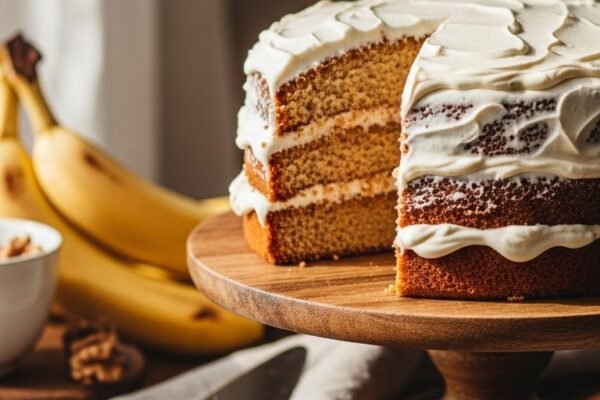 A moist homemade banana cake recipe with thick cream cheese frosting on a rustic wooden cake stand, surrounded by ripe bananas and walnuts in a warm sunlit kitchen.