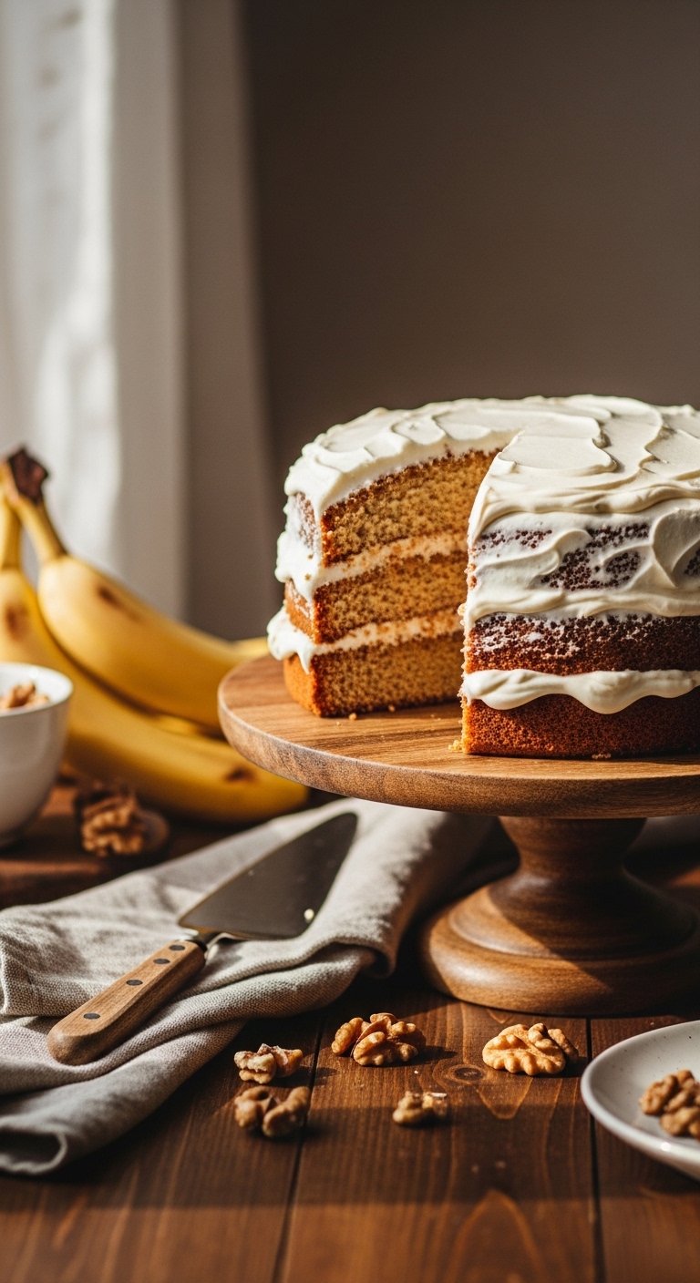 A moist homemade banana cake recipe with thick cream cheese frosting on a rustic wooden cake stand, surrounded by ripe bananas and walnuts in a warm sunlit kitchen.