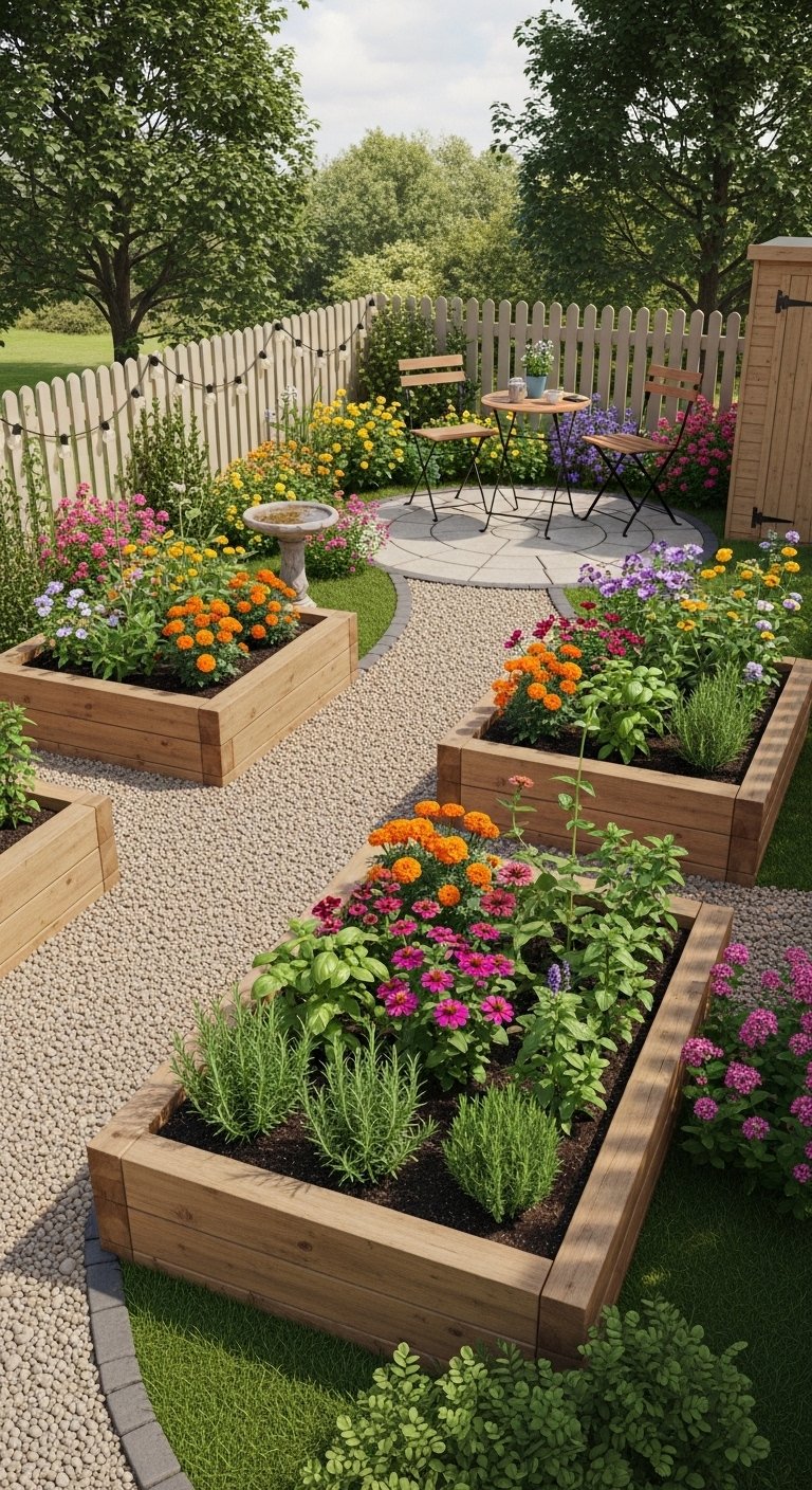 A beautifully transformed small garden layout featuring vertical wall planters, colorful container plants, a herb spiral, and a cozy seating nook all within a compact outdoor space, your ultimate guide to transforming a tiny outdoor space into a breathtaking paradise
