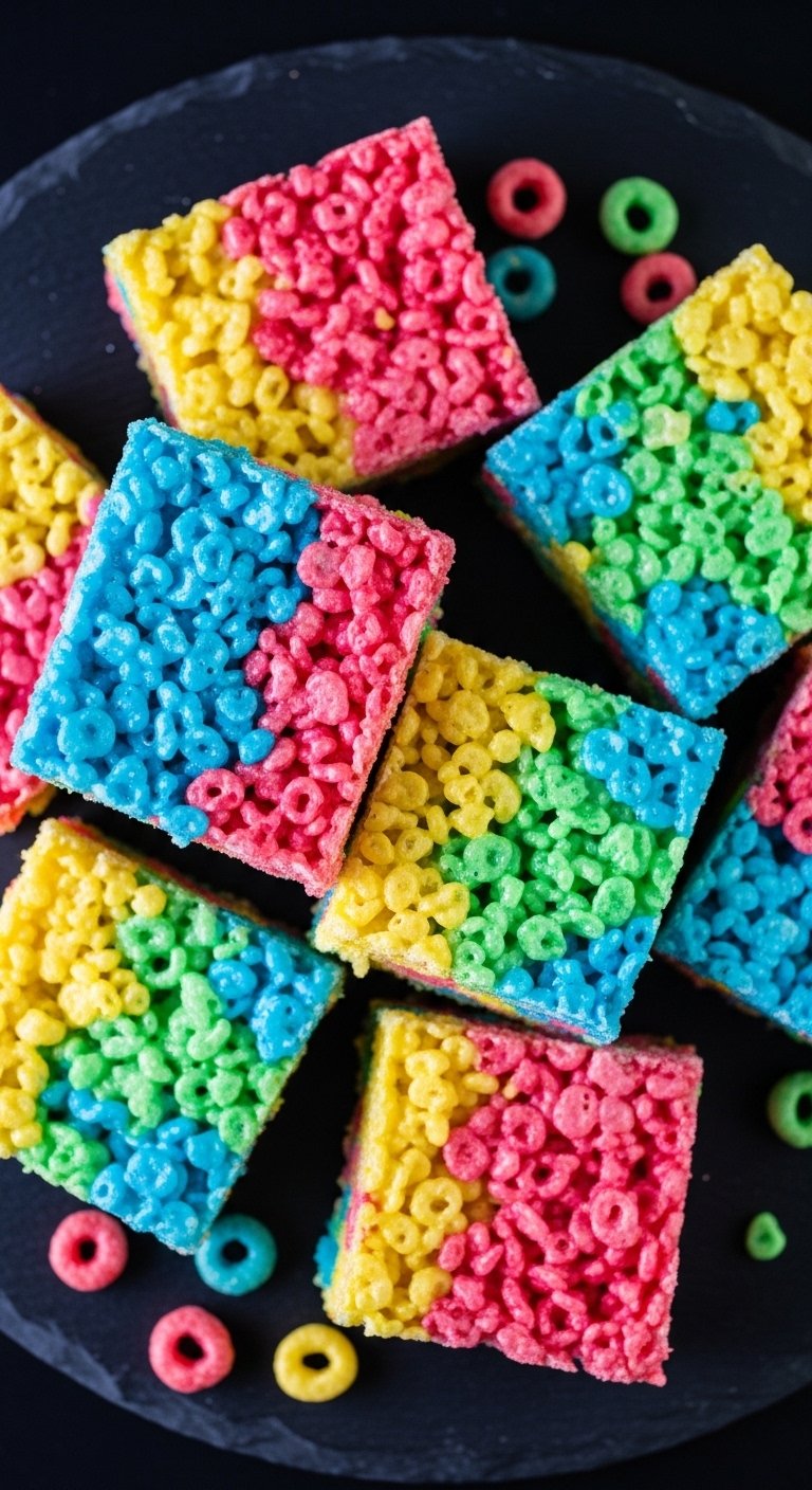 Colorful Fruity Pebbles Rice Crispy Treats cut into rainbow squares on a white plate, homemade dessert with bright cereal pieces.