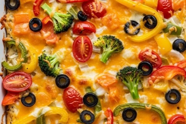 Freshly baked veggie pizza dip in a white ceramic baking dish with colorful bell peppers, cherry tomatoes, black olives, and broccoli on golden melted cheese on a rustic wooden table in warm natural light