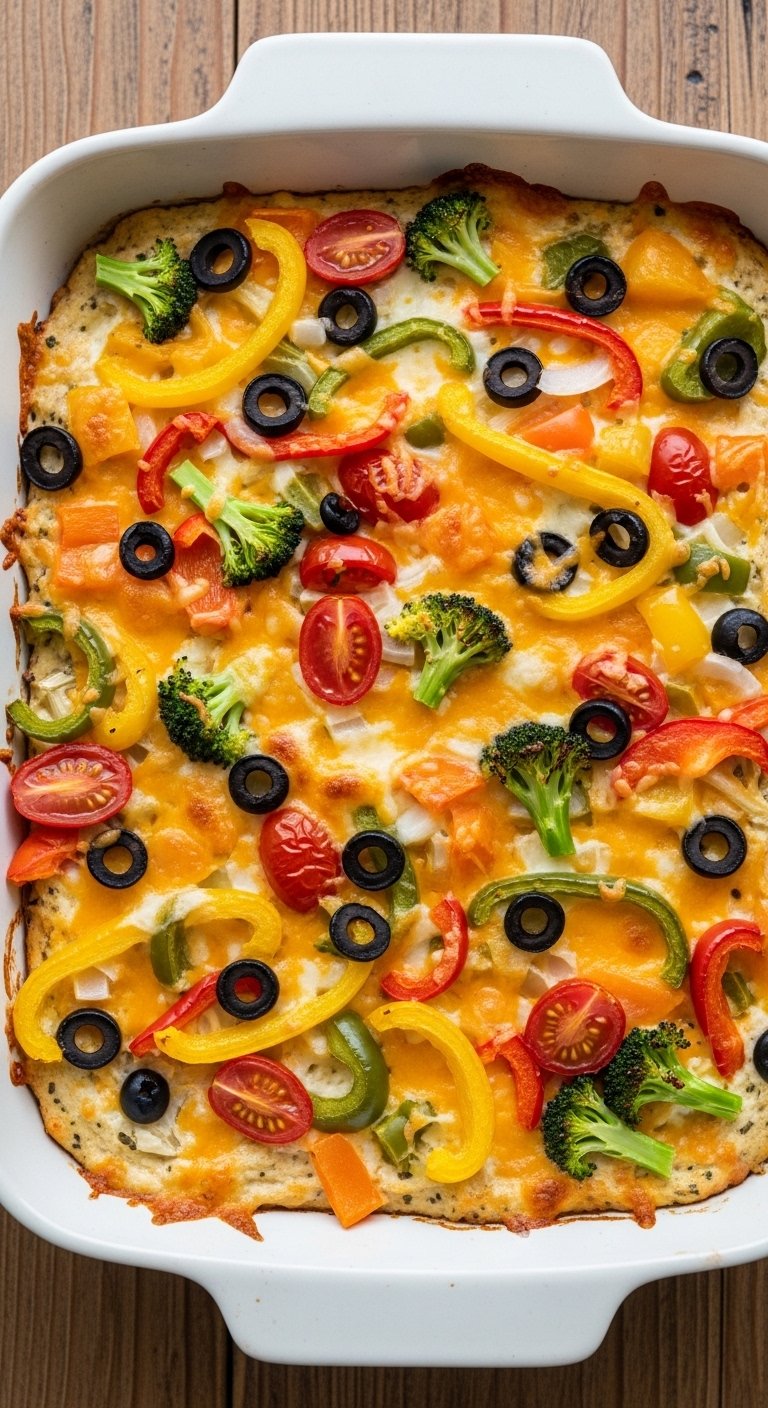 Freshly baked veggie pizza dip in a white ceramic baking dish with colorful bell peppers, cherry tomatoes, black olives, and broccoli on golden melted cheese on a rustic wooden table in warm natural light