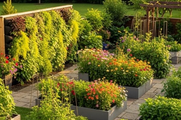 A beautifully designed backyard garden paradise with raised beds, pollinator flowers, vertical garden wall, and container plants in warm golden afternoon light, showcasing 14 Backyard Garden Ideas to transform your outdoor space into a green paradise.