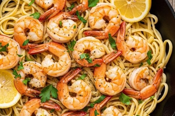 A perfect garlic shrimp scampi in a large cast iron skillet with plump pink shrimp in rich golden buttery garlic lemon sauce garnished with fresh parsley and lemon slices served over linguine on a rustic wooden surface surrounded by garlic butter and fresh herbs in bright natural light.