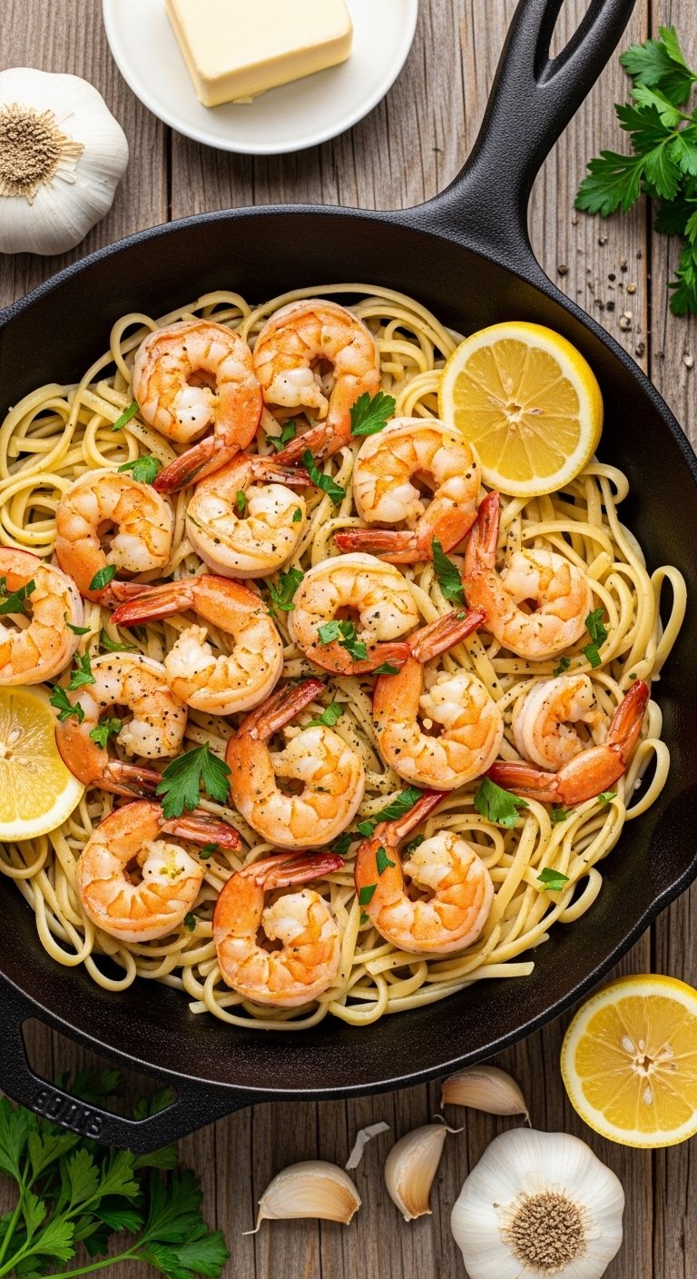 A perfect garlic shrimp scampi in a large cast iron skillet with plump pink shrimp in rich golden buttery garlic lemon sauce garnished with fresh parsley and lemon slices served over linguine on a rustic wooden surface surrounded by garlic butter and fresh herbs in bright natural light.