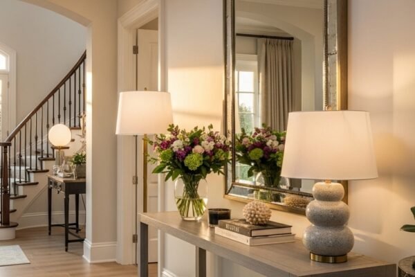 A beautifully designed foyer with an elegant console table, layered lighting, large mirror, stylish rug, and personal touches creating a perfect first impression, showcasing 16 Foyer Ideas that will transform your home's entryway without breaking the bank.