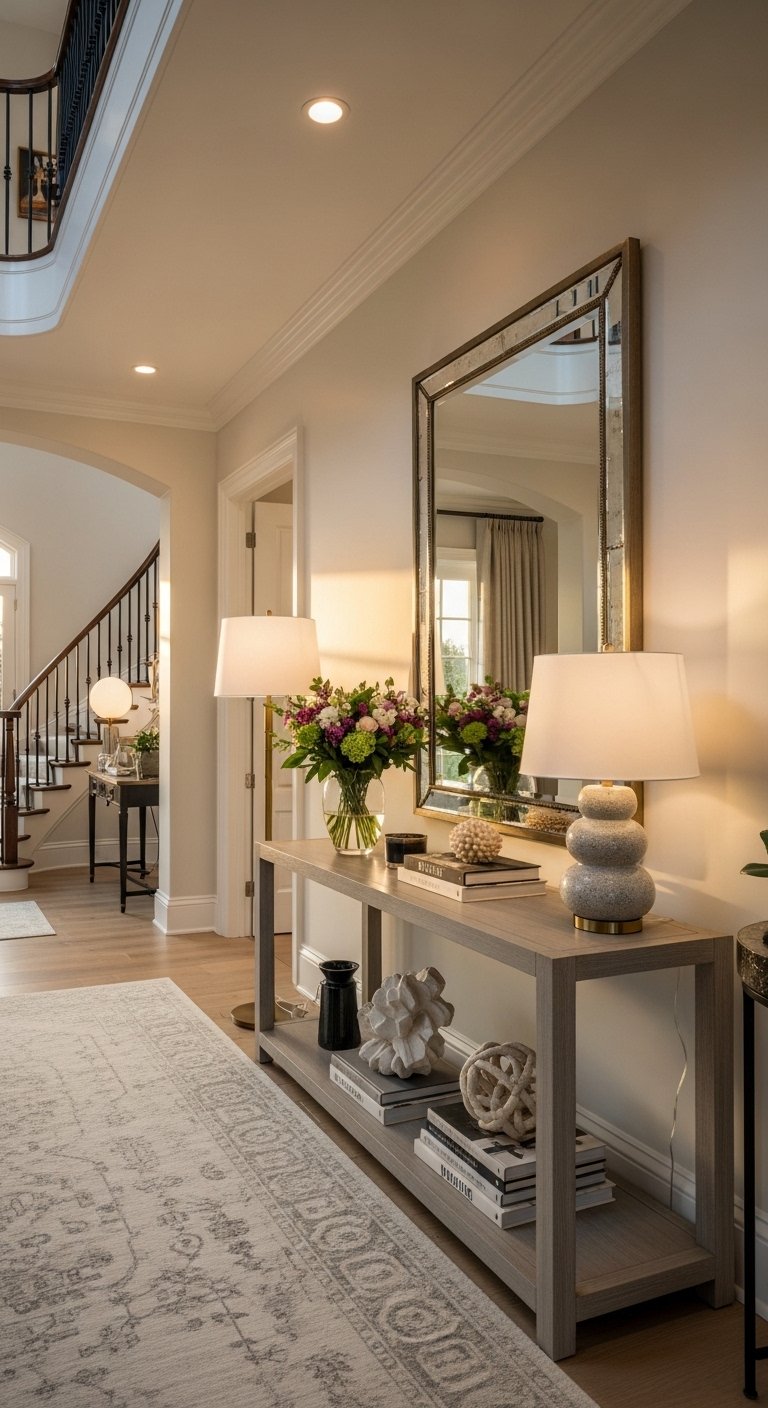 A beautifully designed foyer with an elegant console table, layered lighting, large mirror, stylish rug, and personal touches creating a perfect first impression, showcasing 16 Foyer Ideas that will transform your home's entryway without breaking the bank.