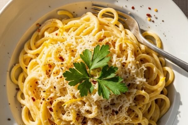 A creamy lemon pasta recipe served in a white ceramic bowl with silky lemon cream sauce, fresh parsley, Parmigiano-Reggiano, and lemon zest on a sunlit linen-covered kitchen table.