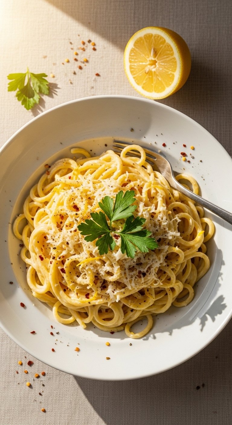 A creamy lemon pasta recipe served in a white ceramic bowl with silky lemon cream sauce, fresh parsley, Parmigiano-Reggiano, and lemon zest on a sunlit linen-covered kitchen table.