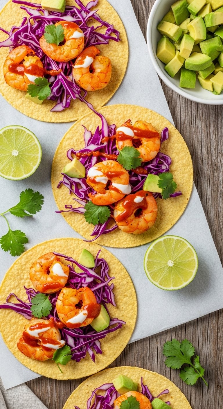 A plate of crispy golden Baja shrimp tacos in warm corn tortillas topped with creamy Baja sauce, shredded purple cabbage, fresh pico de gallo, avocado slices, and lime wedges, the ultimate homemade Baja shrimp tacos recipe bursting with flavor.