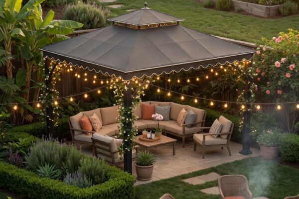 A beautifully designed backyard transformed into a paradise featuring an elegant hardtop gazebo with string lights comfortable outdoor furniture lush greenery and a fire pit on a well landscaped backyard in warm golden afternoon light.
