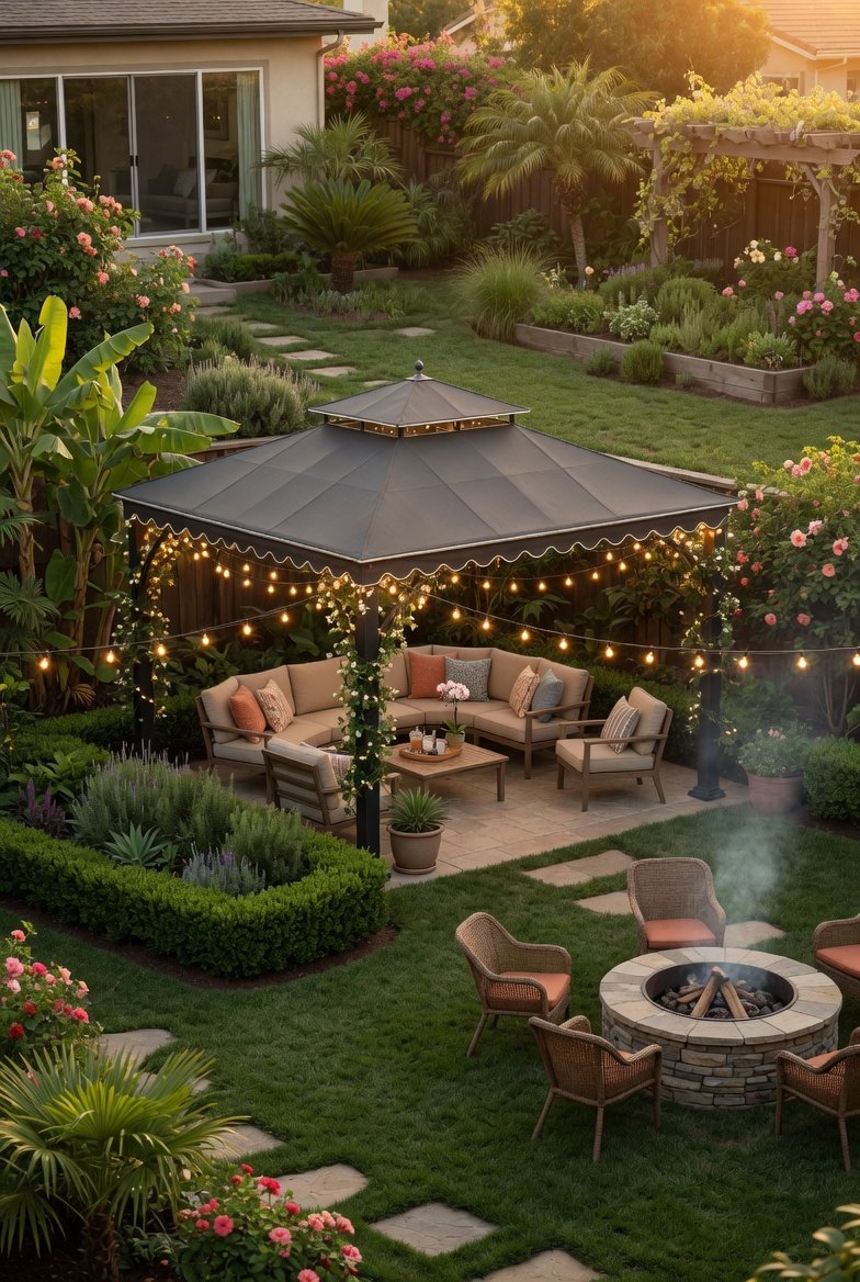 A beautifully designed backyard transformed into a paradise featuring an elegant hardtop gazebo with string lights comfortable outdoor furniture lush greenery and a fire pit on a well landscaped backyard in warm golden afternoon light.