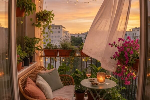 A beautifully transformed apartment balcony with a rattan loveseat, lush potted plants, glowing string lights, a small bistro table, and sheer outdoor curtains in warm golden sunset light, representing thirty-two balcony designs that will transform your outdoor space into a dream retreat.