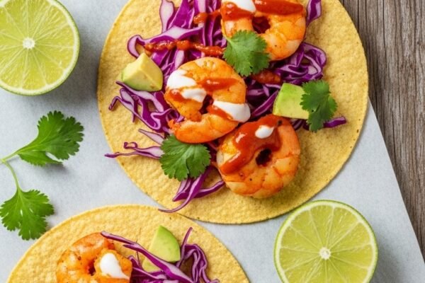 A close-up of shrimp tacos easy recipe served on warm corn tortillas with seasoned golden shrimp, purple cabbage slaw, chipotle sauce, fresh lime, and cilantro on a rustic wooden table, perfect weeknight dinner that tastes like a vacation.