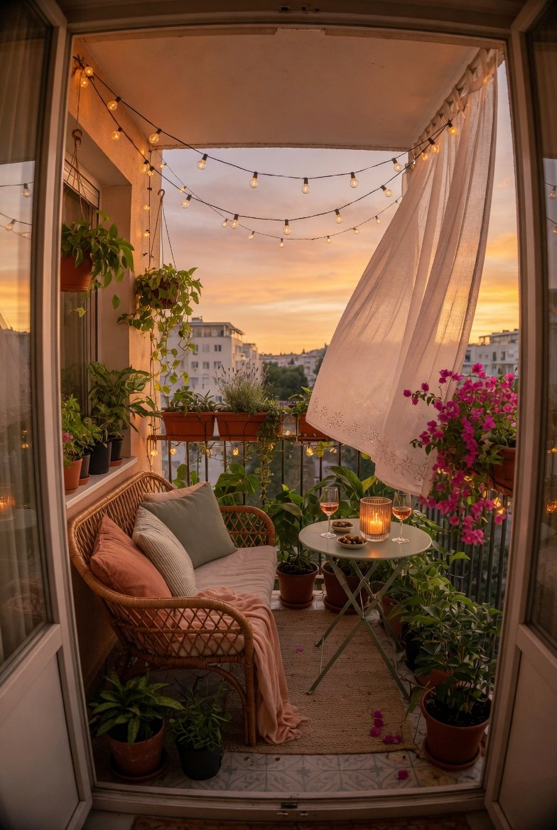 A beautifully transformed apartment balcony with a rattan loveseat, lush potted plants, glowing string lights, a small bistro table, and sheer outdoor curtains in warm golden sunset light, representing thirty-two balcony designs that will transform your outdoor space into a dream retreat.