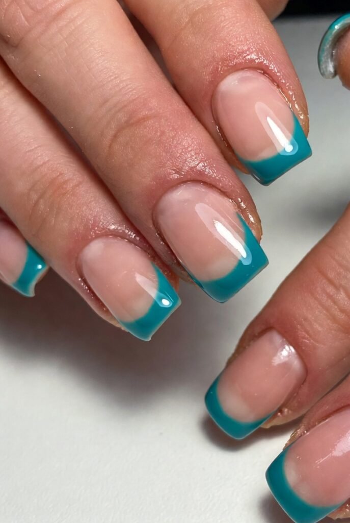 5. Teal French Tips with Pink Bases