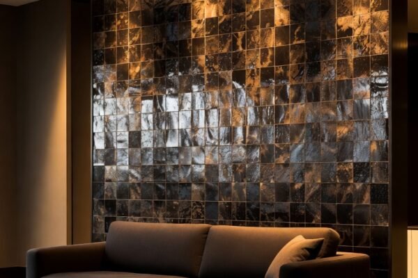 A beautifully designed living room featuring a dramatic accent wall with geometric wood slat paneling in natural oak, complementary neutral sofa and furniture arrangement, warm ambient lighting, and lush green plants — showcasing the most stunning and transformative living room wall design ideas for a complete home makeover.