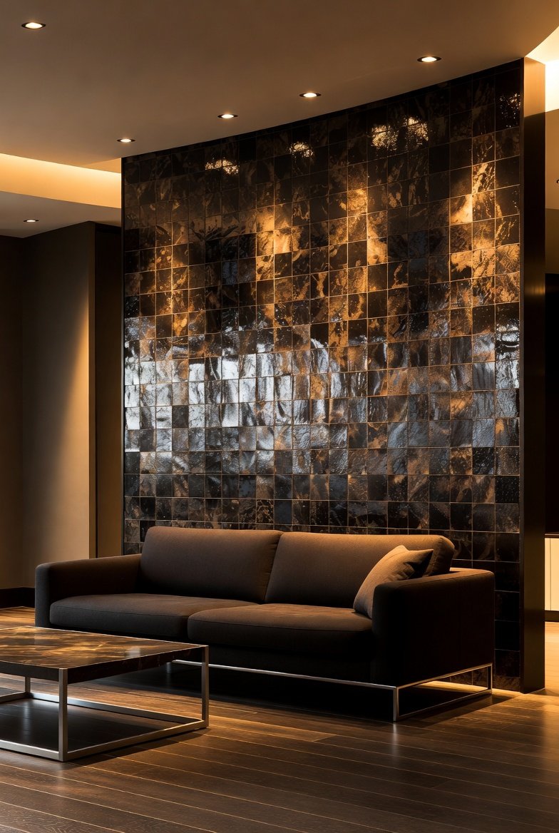 A beautifully designed living room featuring a dramatic accent wall with geometric wood slat paneling in natural oak, complementary neutral sofa and furniture arrangement, warm ambient lighting, and lush green plants — showcasing the most stunning and transformative living room wall design ideas for a complete home makeover.