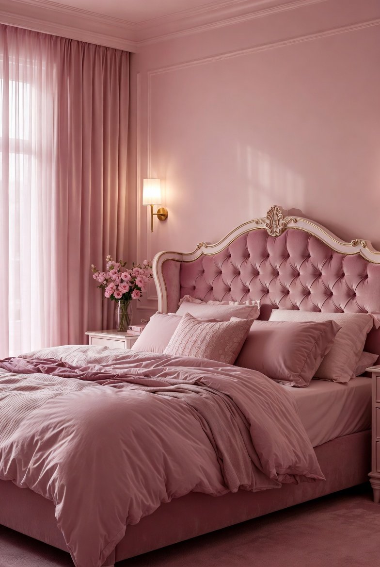 A calming editorial flat-lay showing the psychology of pink — a mood board with blush pink paint swatches, a small sprig of dried roses, a handwritten note card with words like calm, warmth, and nurture, soft pink fabric swatch, and a candle — arranged on a white marble surface, top-down lifestyle photography, soft warm lighting, peaceful and thoughtful concept, delicate tones.