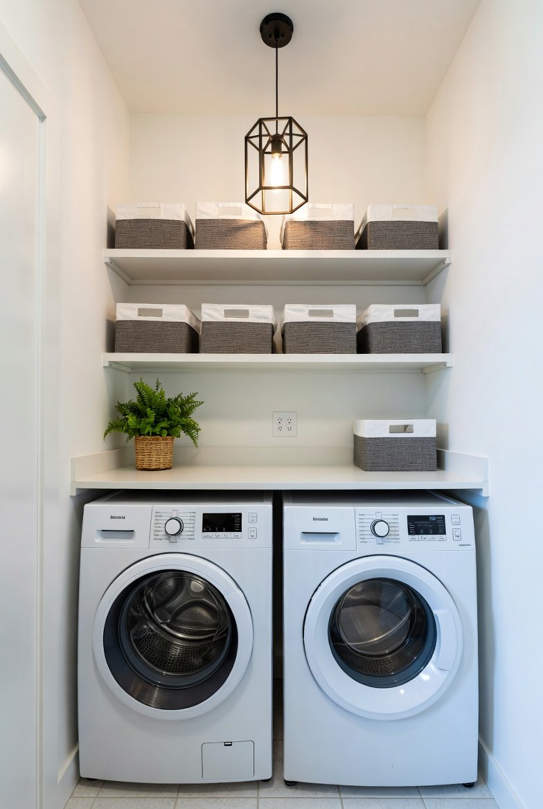 A beautifully transformed modern laundry room featuring white floor-to-ceiling cabinets, a deep utility sink, folding station countertop above front-load washer and dryer, open shelving with organized baskets, and bright layered lighting — showcasing the most practical and stylish laundry room ideas for a complete chore space transformation.