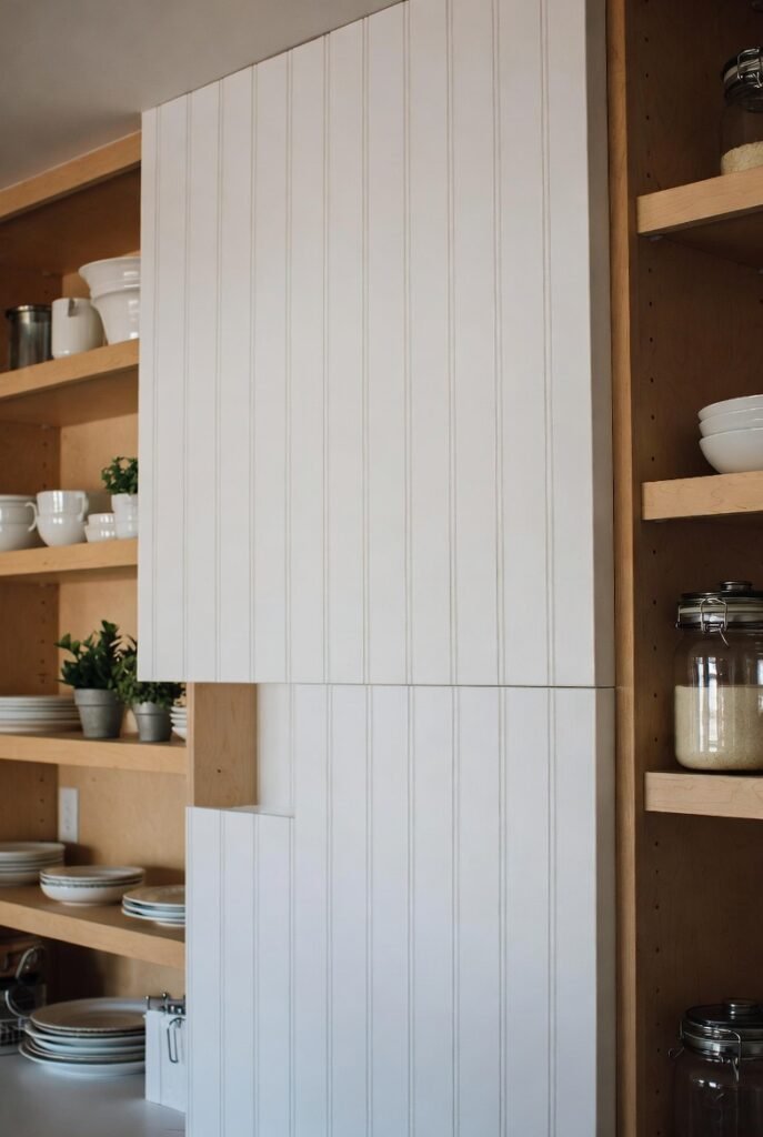 4. Bead Board Backsplash Behind Open Shelving