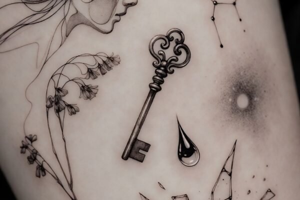 A stunning curated collection of 16 delicate fine line tattoo ideas including Continuous Line Portrait, Dried Botanicals, Floating Key, Broken Glass Shards, Spider Silk, and Floating Dust Motes showcasing meaningful precise thin black ink tattoo art that expresses your unique personal story with timeless elegance.