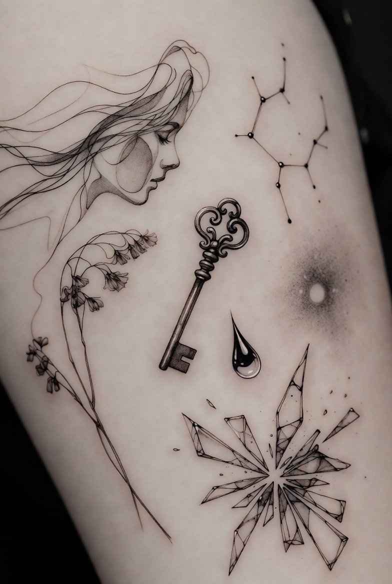 A stunning curated collection of 16 delicate fine line tattoo ideas including Continuous Line Portrait, Dried Botanicals, Floating Key, Broken Glass Shards, Spider Silk, and Floating Dust Motes showcasing meaningful precise thin black ink tattoo art that expresses your unique personal story with timeless elegance.